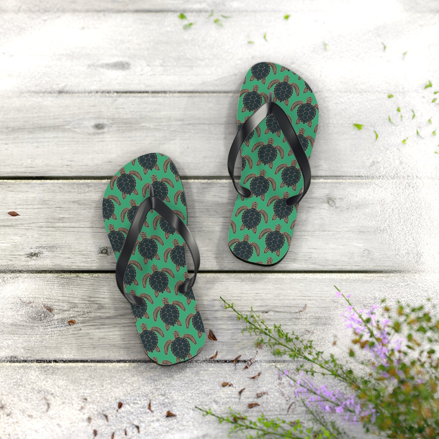 Sea Turtle Pattern Flip Flops | Tropical Green Turtles Beach Sandals, Summer Vacation Pool Attire Ocean Wildlife Nature Pattern