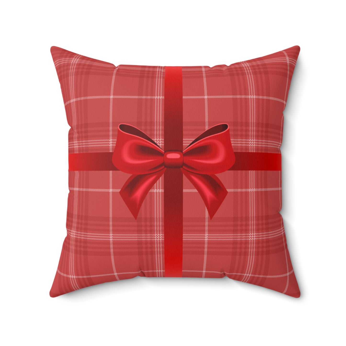 Holiday Gift Throw Pillow, Red Bow on Plaid Wrapped Present Pillows, Christmas Home Decor Xmas Decorations, Square Cushion and Cover
