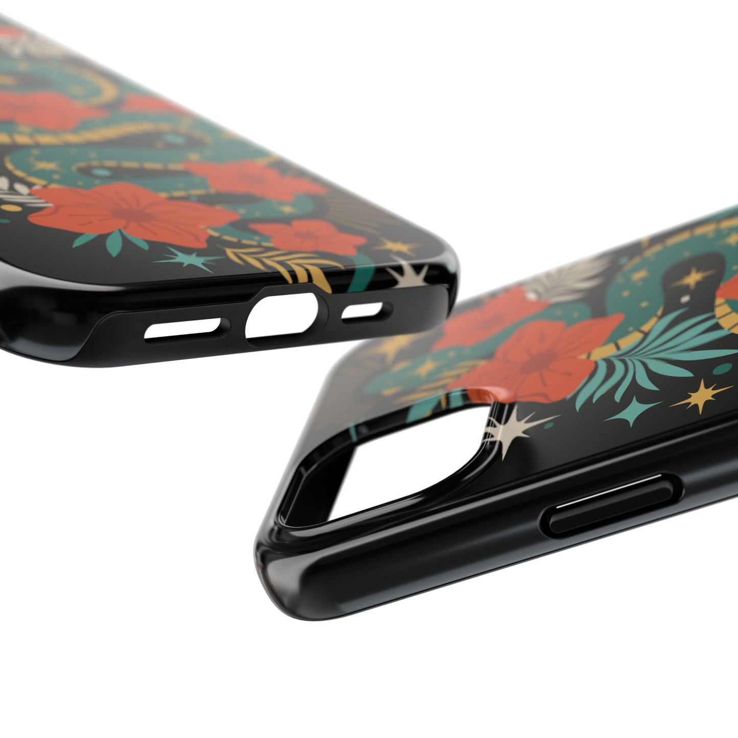 Mystic Snake Cell Phone Case, Black Tough Phone Cases Boho Serpent Snakes Floral Design