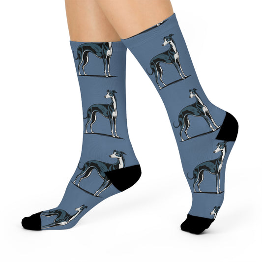 Greyhound Dogs Pattern Socks | Cushioned Crew Socks, Blue Greyhounds Dog Design Novlety Footwear Socks