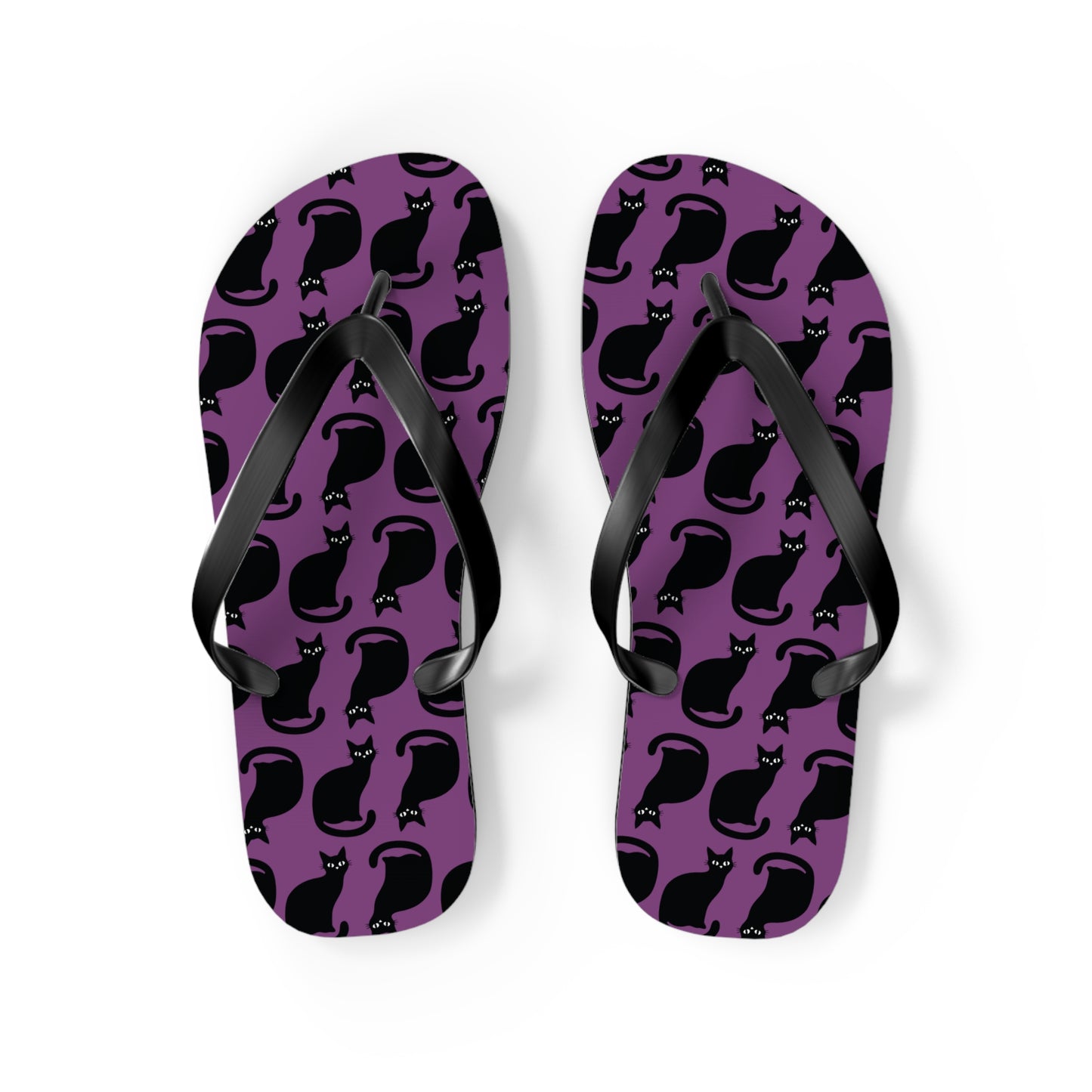 Black Cat Pattern Flip Flops | PurpleGoth Cat Silhouette Beach Sandals, Halloween Spooky Gothic Summer Footwear