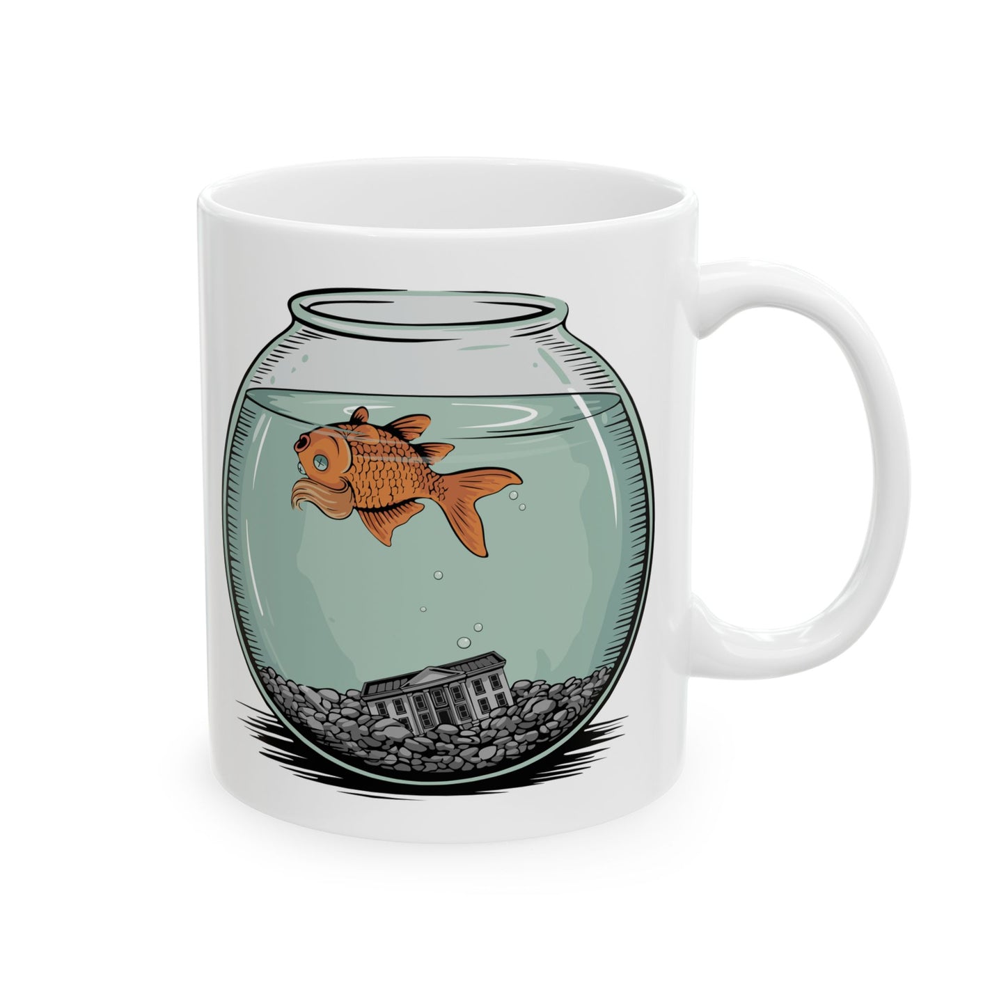 Dead Goldfish In A Fishbowl Coffee Mug - Funny Political Ceramic Mugs, Leftist Liberal Humor, Orange Fish Floating, Gifts Drinkware