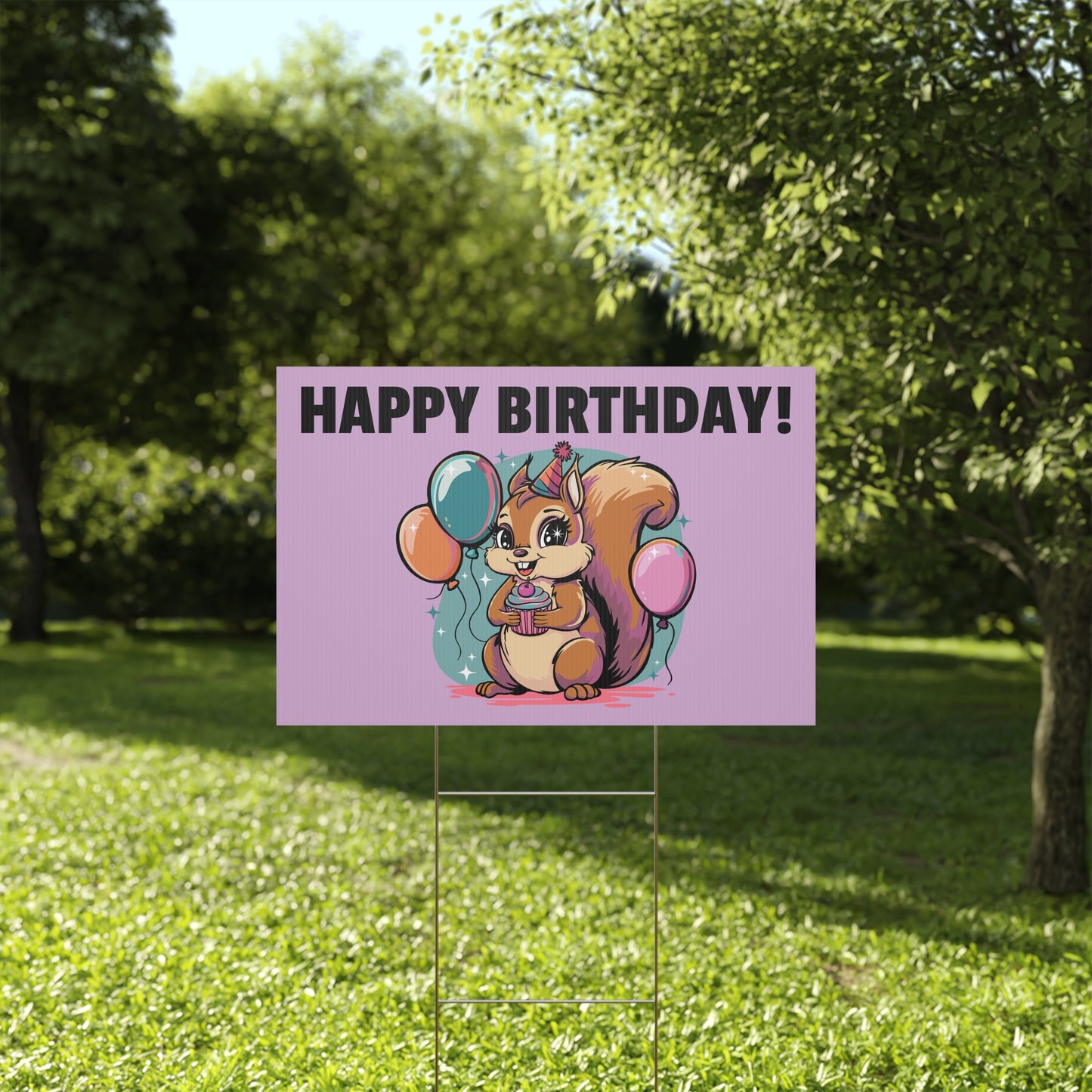 Happy Birthday Party Squirrel Plastic Yard Sign Purple Squirrels Balloons Cupcake Celebration Squirrels B-day Yard Signs