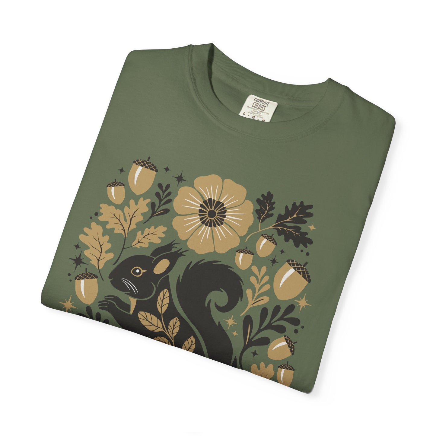 Woodland Squirrel Illustration T-shirt | Floral Acorn Nature Design Squirrels Tee, 100% Cotton Short Sleeve Shirts
