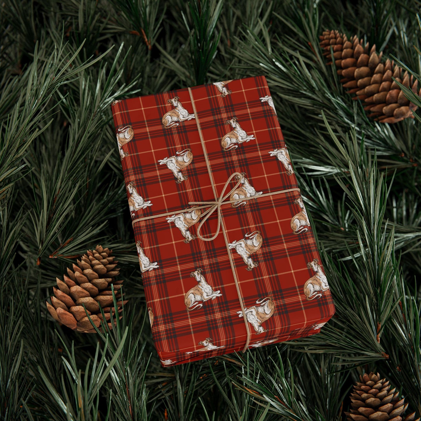 Borzoi Dog Red Plaid Wrapping Paper, Russian Hunting Sighthound Christmas Holiday Gift Wrap Roll 30×180