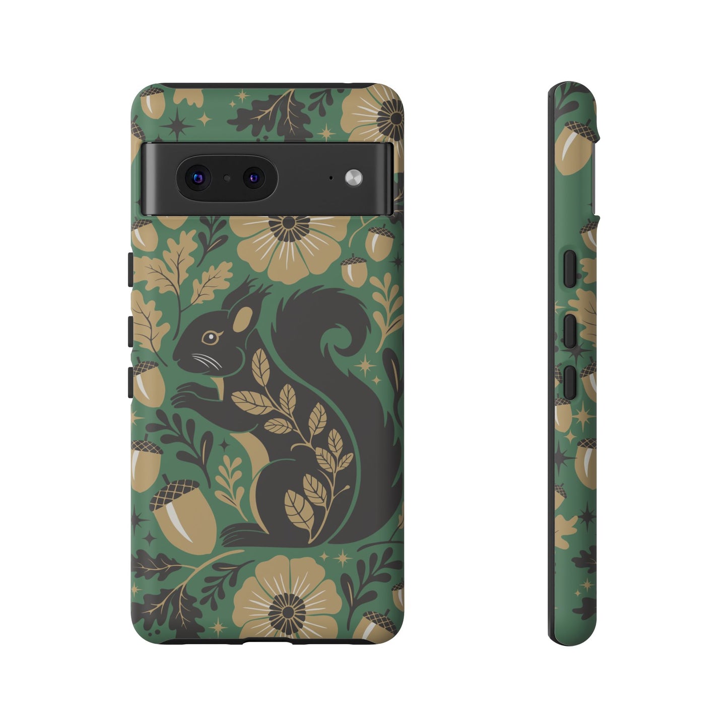 Green Squirrel Floral Pattern Cell Phone Case | Botanical Folk Art Acorn Leaves Design, Iphone Google Pixel Samsung Cases Matte Finish
