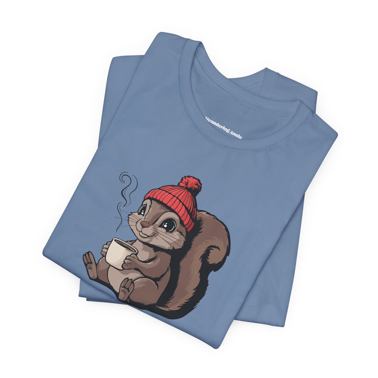 Cozy Squirrel with Coffee T-Shirt | Cute Fall Squirrels Woodland Animal Tee, Short Sleeve Graphic Print Shirts