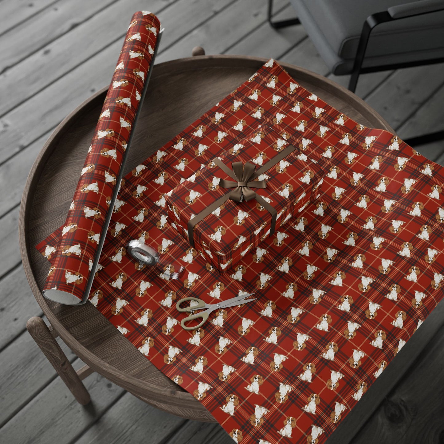 Cavalier King Charles Spaniel Dog Wrapping Paper, Red Plaid Dogs Print Gift Wrap Roll, Christmas Holiday Birthday Matte Wrapping Papers