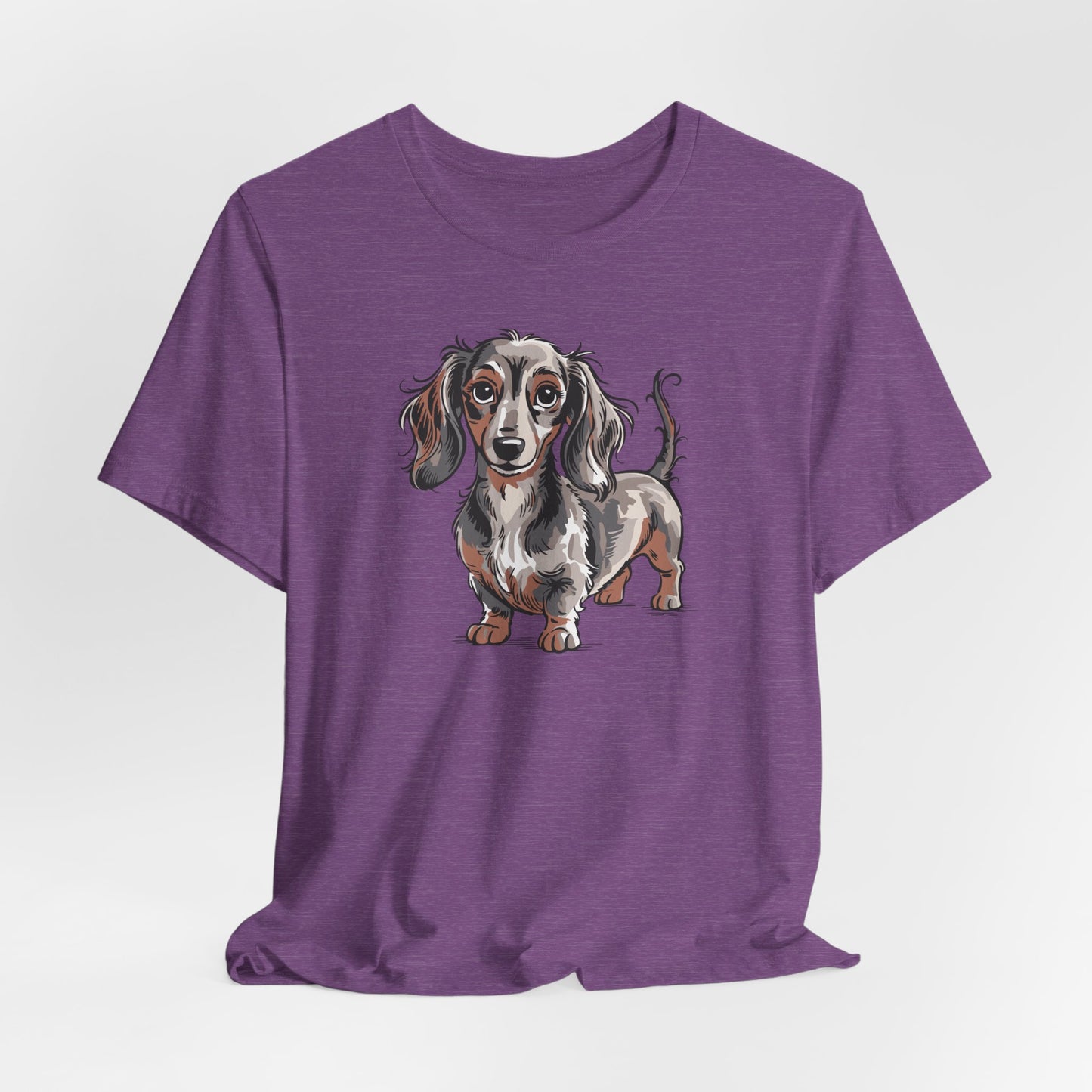 Long Haired Dachshund Dog Illustration T-shirt | Cute Wiener Dogs Tee, 100% Cotton Short Sleeve Shirts