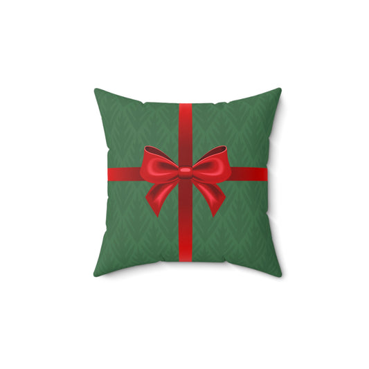 Holiday Gift Throw Pillow, Red Bow on Green Pattern Wrapped Present Pillows, Traditional Christmas Home Decor Xmas Decorations