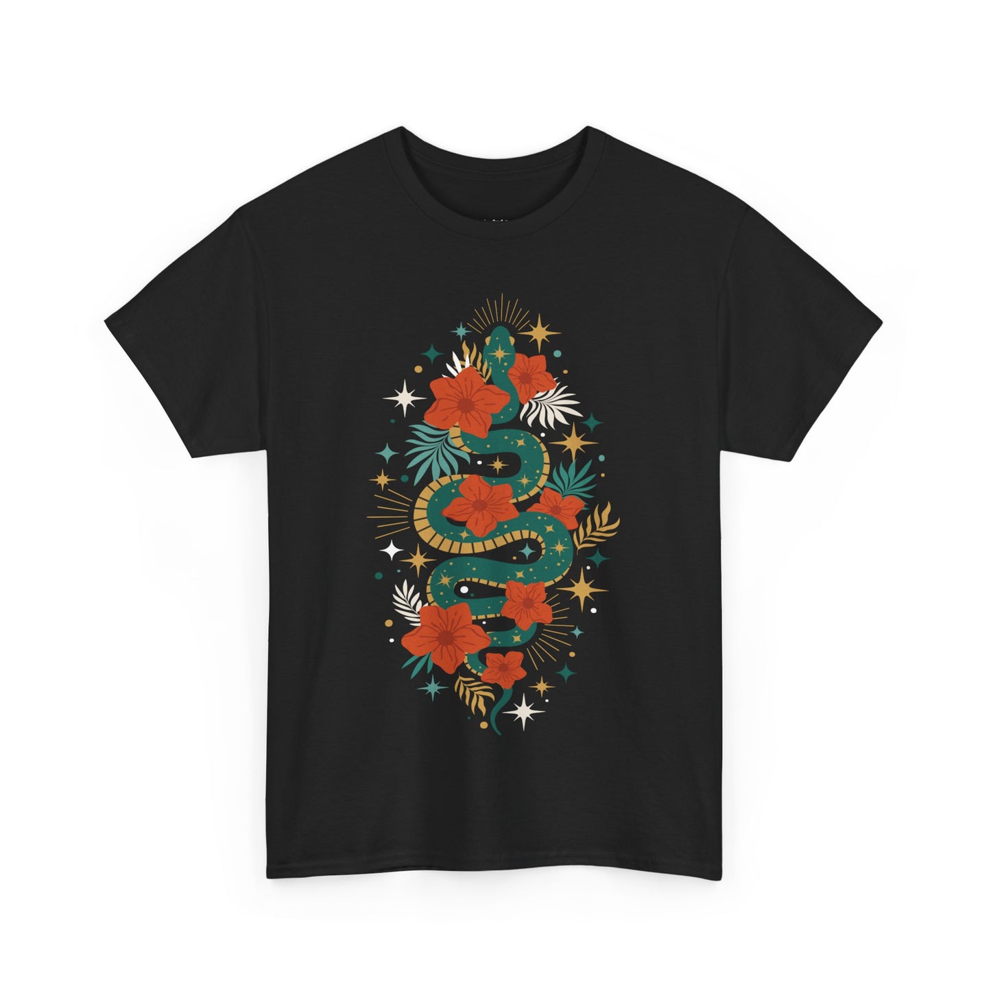 Boho Jade Snake Stars Flowers Cotton Tee, Unisex T-Shirt, Hippie Graphic Print Shirt, Bohemian Festival Top, Celestial Serpent Tee