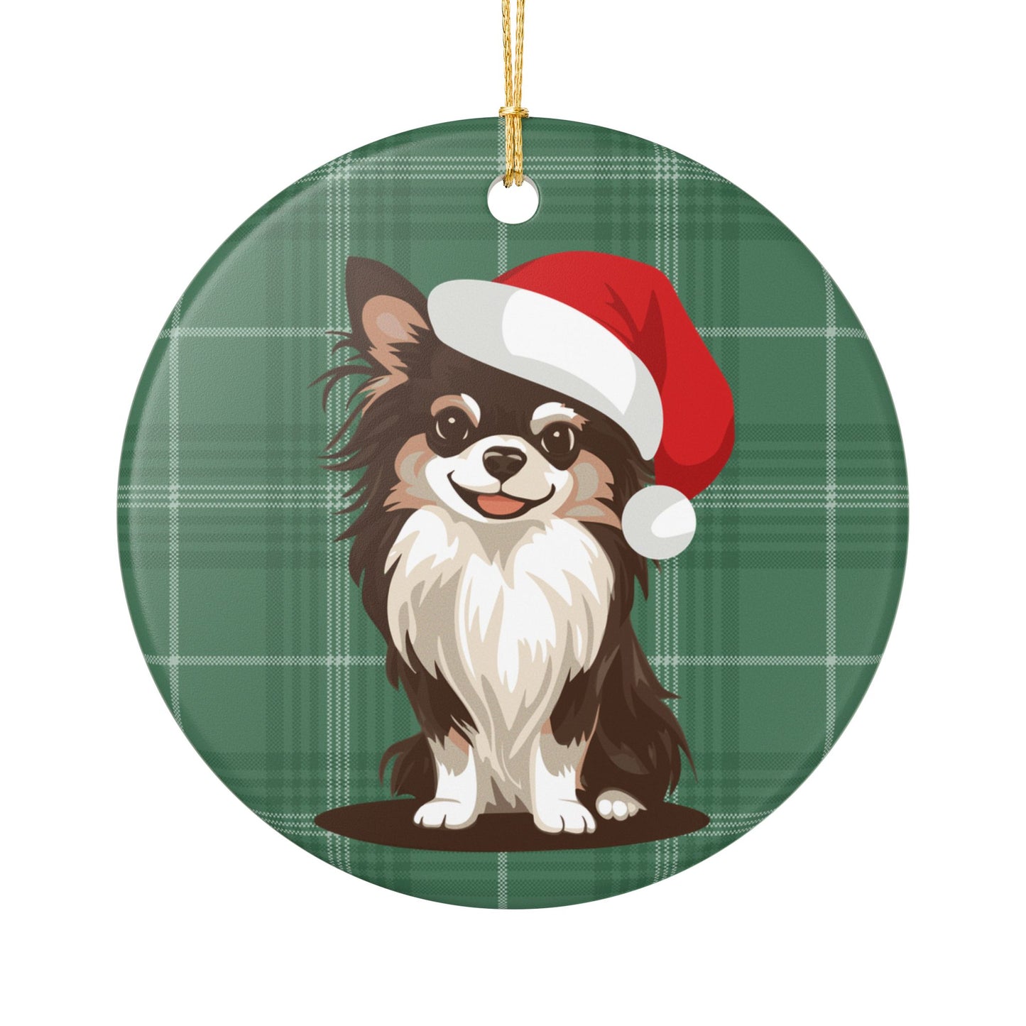 Santa Long Haired Chihuahua Dog Christmas Tree Ornament, Xmas Dogs Holiday Decorations, Pet Lover Gift, Red Plaid Ceramic Ornaments