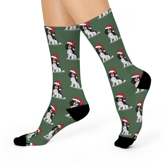 Cavalier King Charles Spaniel Dog Socks, Christmas Holiday Santa Dogs Novelty Crew Socks, Xmas Puppies Pattern