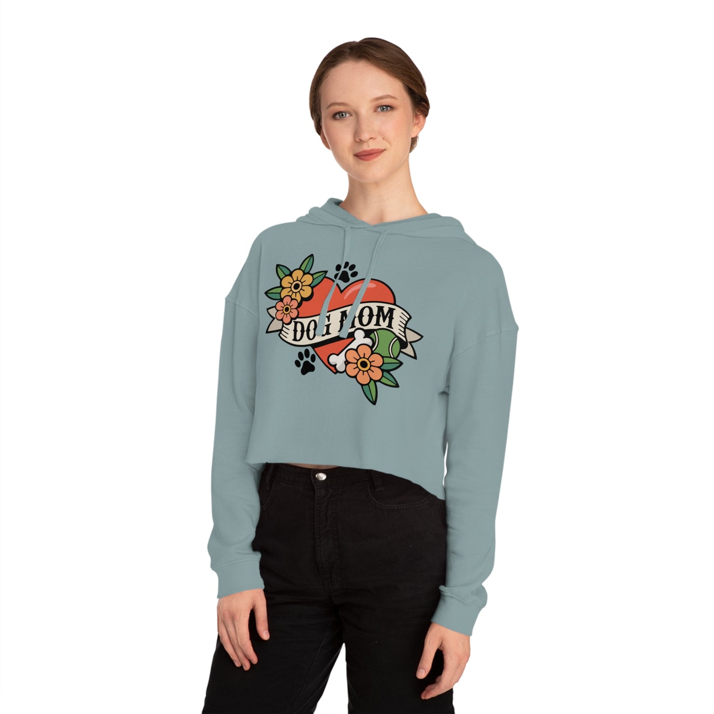 Dog Mom Heart Tattoo Cropped Hoodie, Pullover Sweatshirt Crop Top Long Sleeve, Childless Dog Lady Pet Mama Apparel