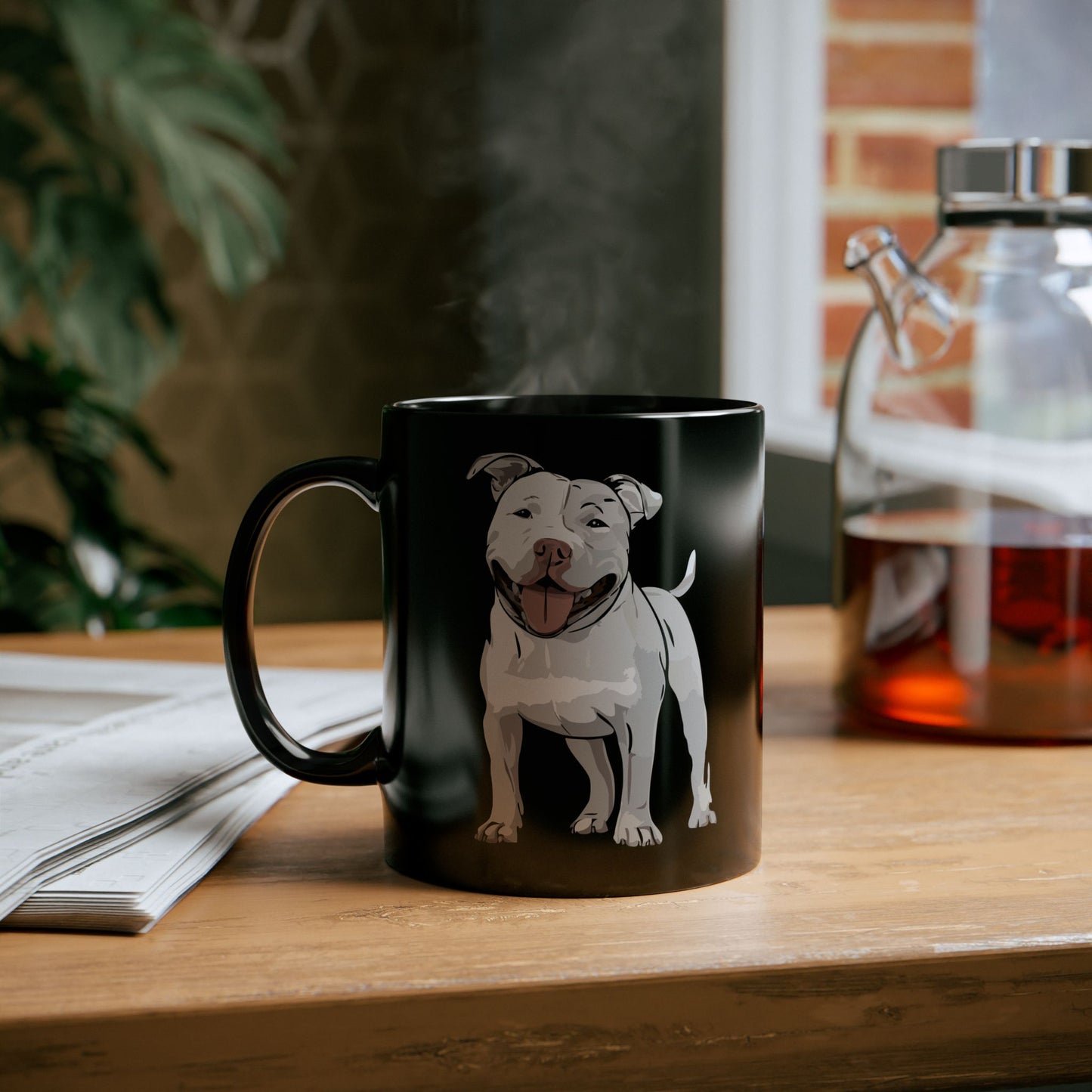 White Pitbull Terrier Dog Mug - 11 Ounce Black Ceramic Coffee Mugs with Pit Bull Dogs Design, Gift For Pet Owners