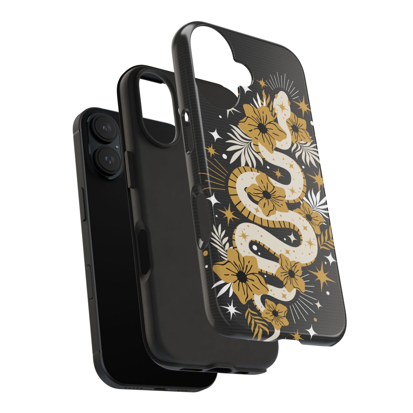 Mystic Snake Cell Phone Case, Black Tough Cases, Protective Floral Golden Serpent Boho Design