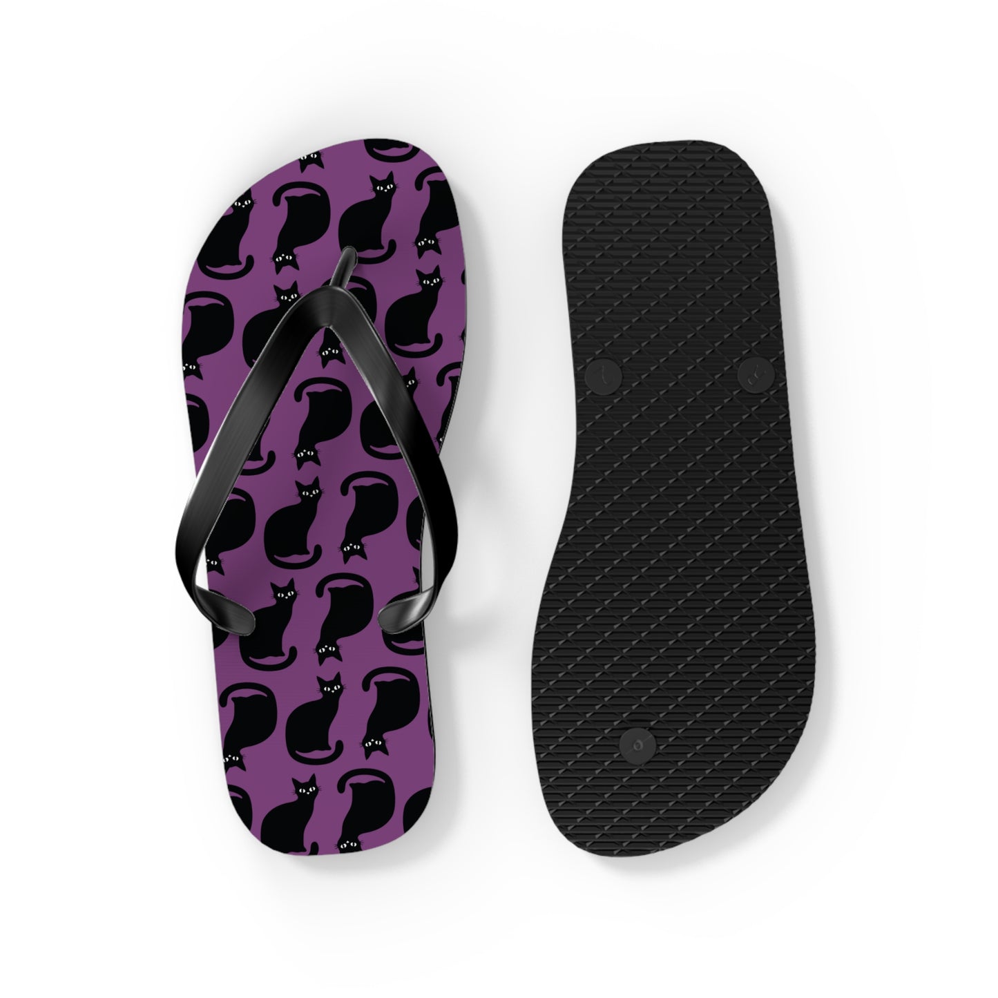 Black Cat Pattern Flip Flops | PurpleGoth Cat Silhouette Beach Sandals, Halloween Spooky Gothic Summer Footwear