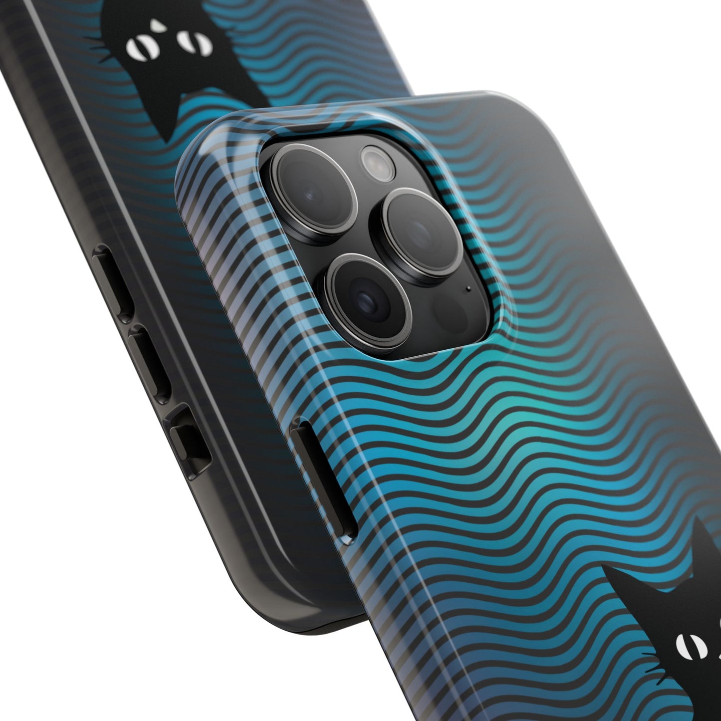 Black Cat Cell Phone Case | Peeking Kitty Graphic on Wavy Teal Background