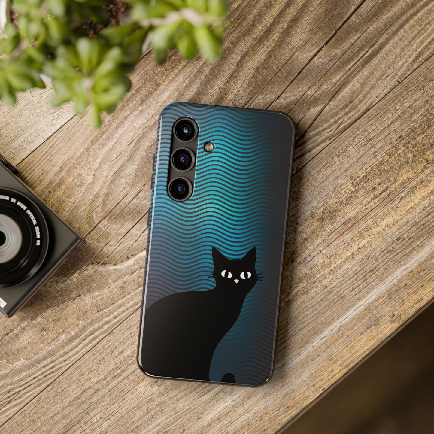 Black Cat Cell Phone Case | Peeking Kitty Graphic on Wavy Teal Background