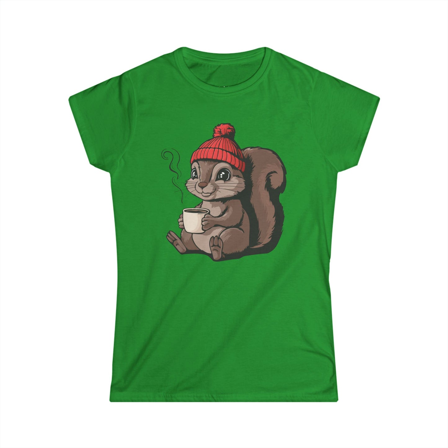 Cozy Squirrel Women's Soft T-shirt Softstyle Tee with Squirrel in Beanie with Cup Of Coffee Graphic Print