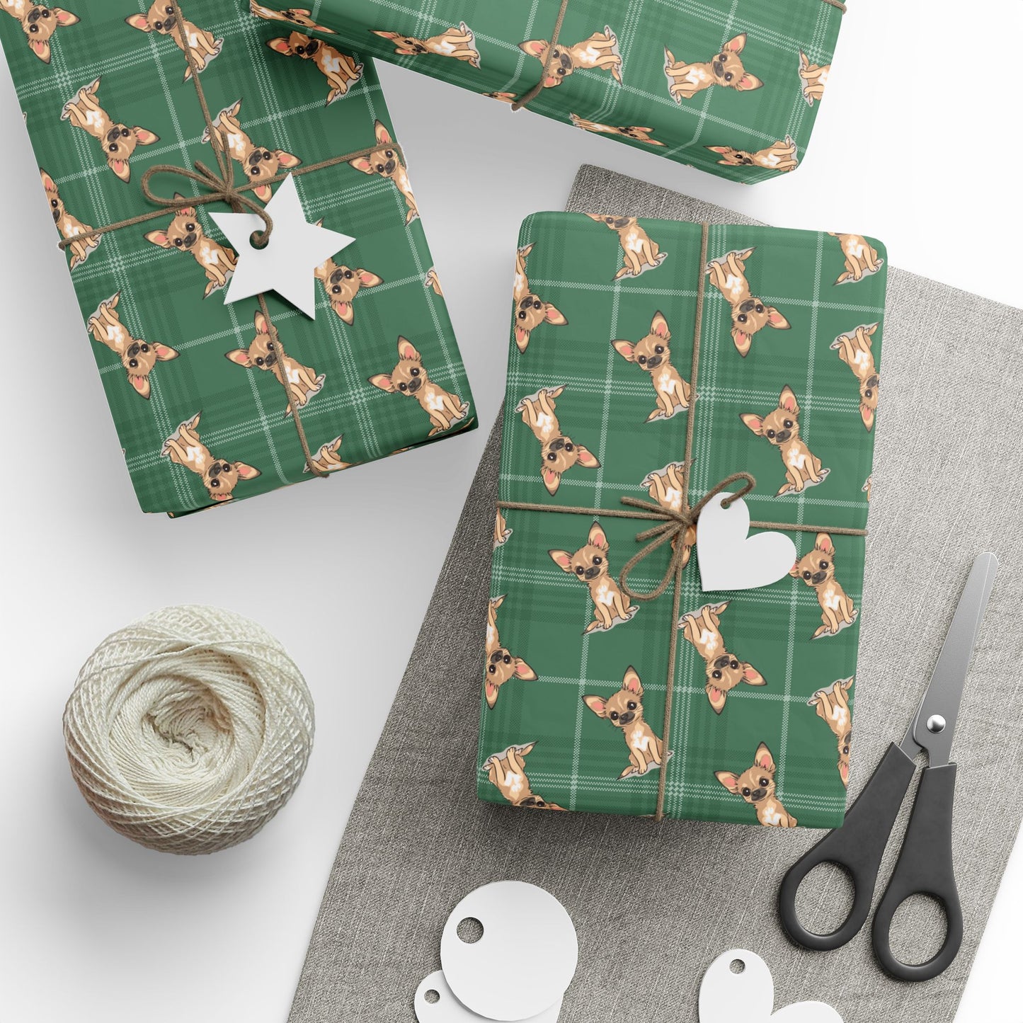 Tan Chihuahua Puppy Dog Wrapping Paper, Green Plaid Dogs Print Gift Wrap Roll, Chihuahuas Christmas Holiday Birthday Matte Wrapping Papers