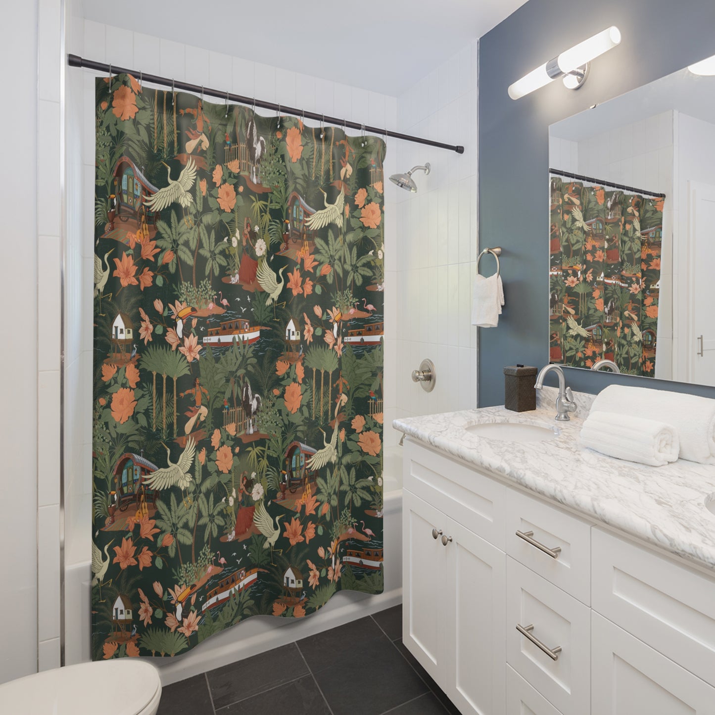 Tropical Nomad Jungle Birds Shower Curtain | Botanical Boat Floral Pattern Bathroom Decor 71"x74"