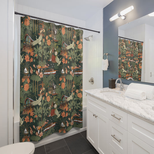Tropical Nomad Jungle Birds Shower Curtain | Botanical Boat Floral Pattern Bathroom Decor 71"x74"