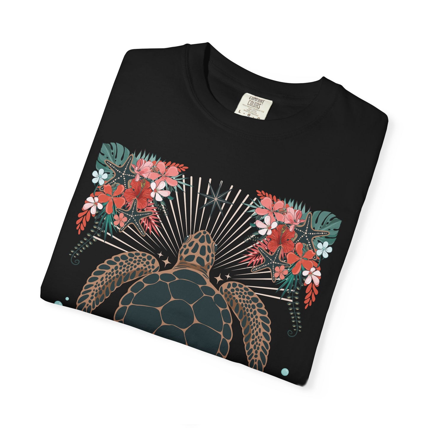 Sea Turtle Floral T-Shirt - Hawaii Coastal Ocean Turtles Tropical Flowers Coral Starfish and Shells Graphic Tee