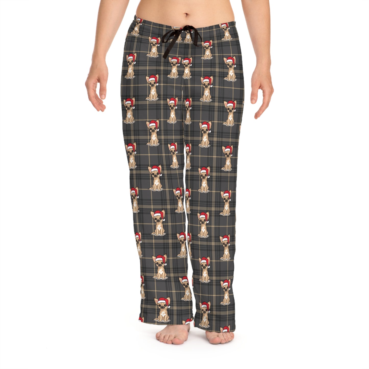 Gray Plaid Chihuahua Dog  Women's Christmas Pajama Pants, Santa Chihuahuas Dogs PJ Bottoms, Winter Loungewear, Matching Holiday Sleepwear