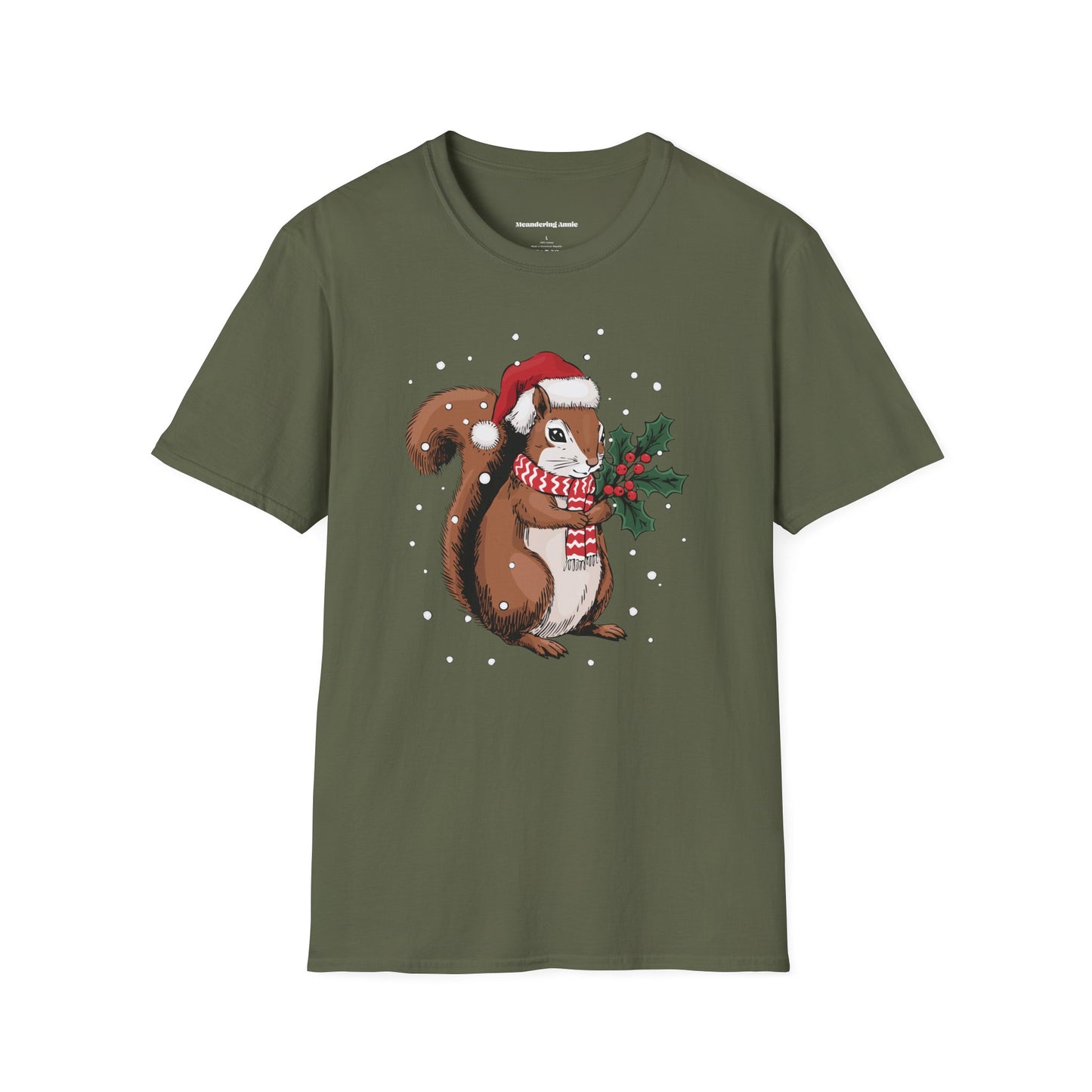 Christmas Squirrel T-Shirt, Festive Holiday Xmas Squirrels In Santa Hat Cotton Tee, Cute Snowy Winter Animal Short Sleeve Top Unisex