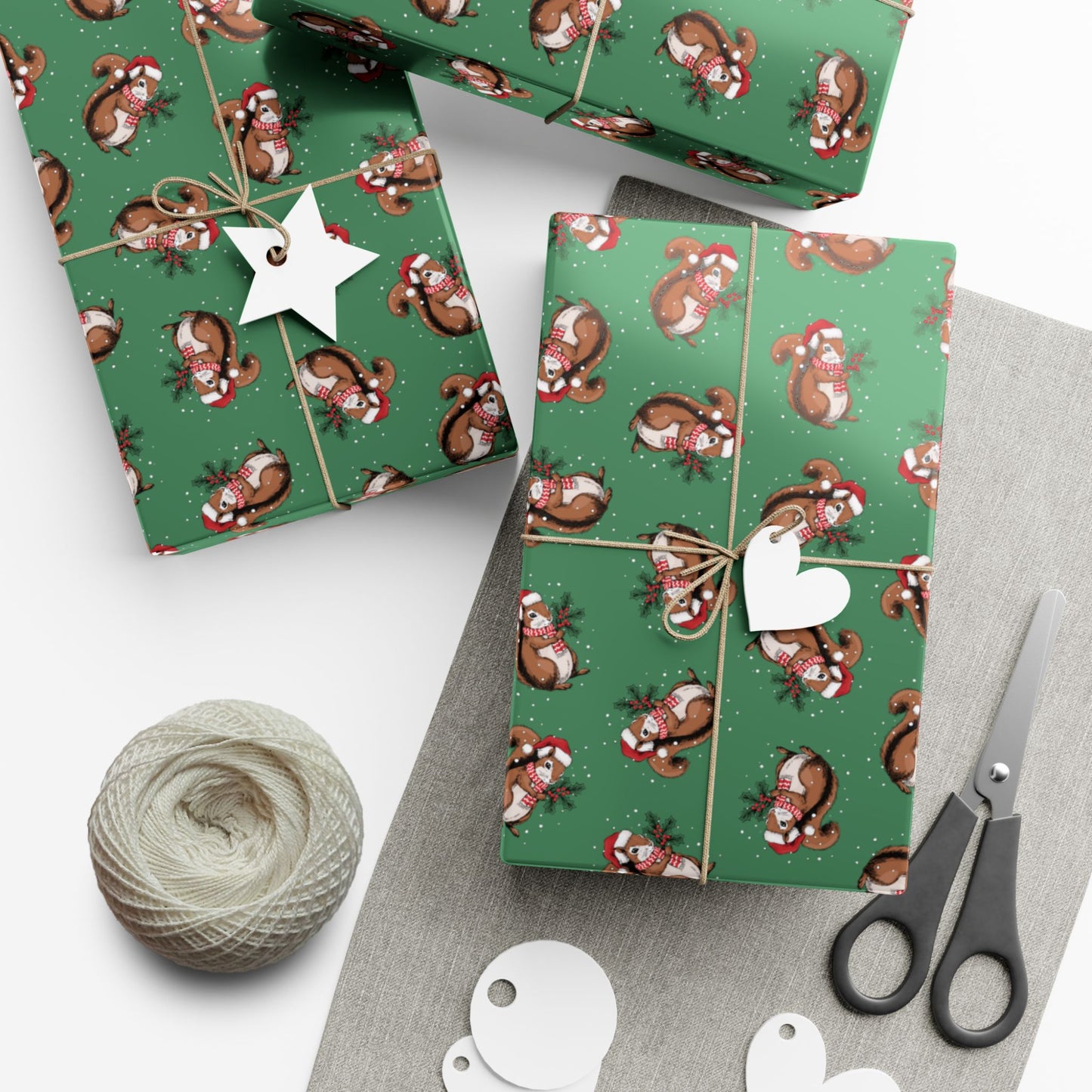 Squirrel Christmas Wrapping Paper, Festive Squirrels Print, Cheery Green Holiday Gift Wrap With Snowy Xmas Squirrel In Santa Hat