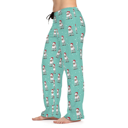 Snowy Pit Bull Dog  Women's Christmas Pajama Pants, Santa Pitbull Dogs PJ Bottoms, Cozy Winter Loungewear, Matching Holiday Sleepwear