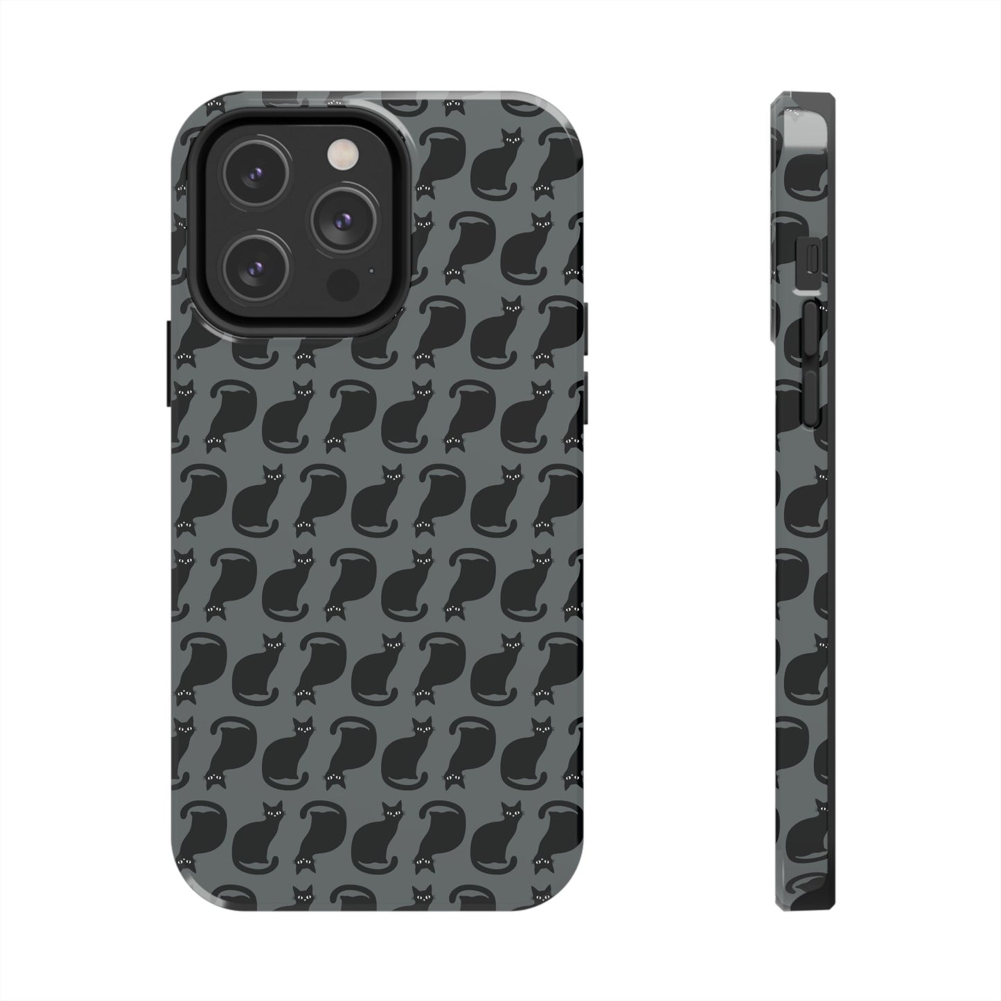 Black Cat Silhouette Pattern Cell Phone Case, Dark Gray Goth Kitty Tough Phone Case