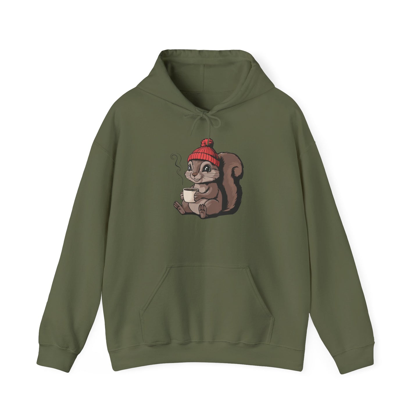 Cozy Squirrel  Pullover Hoodie Unisex Heavy Blend Hooded Sweatshirt with Squirrel in Beanie with Cup Of Coffee Graphic Print