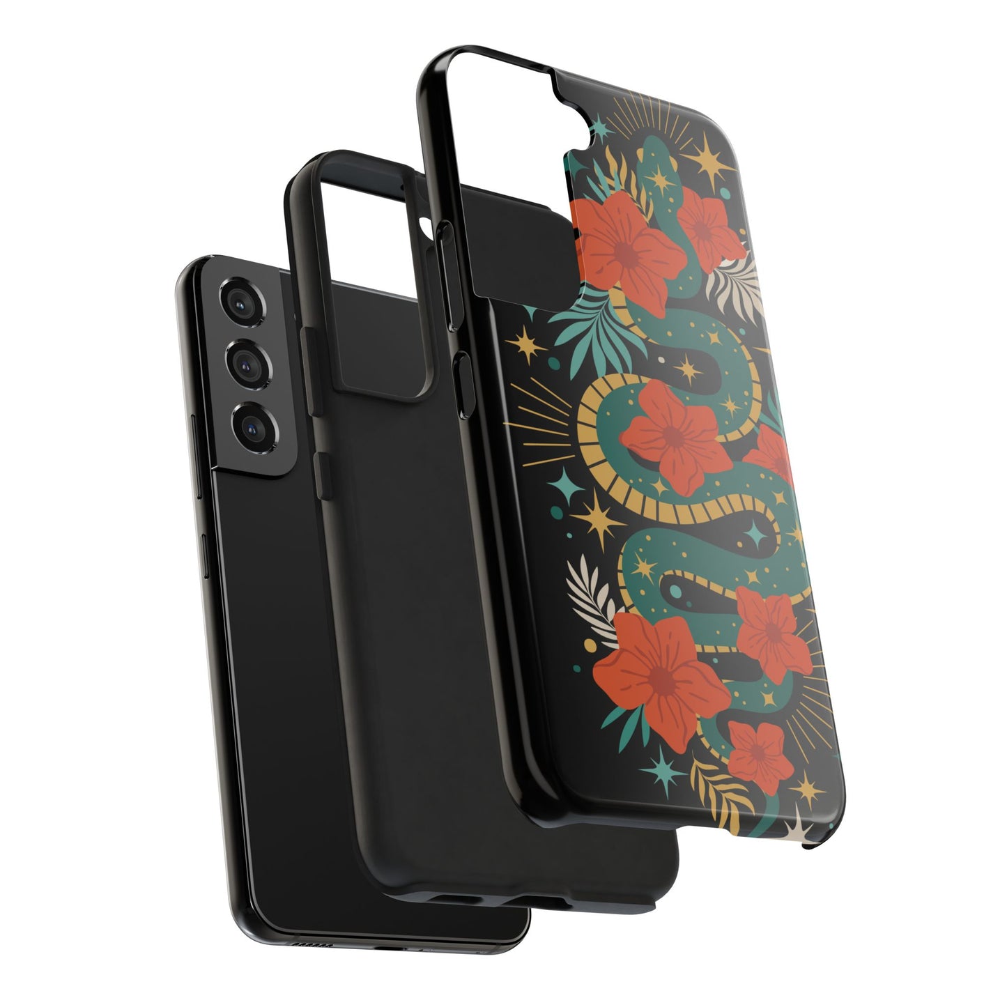 Mystic Snake Cell Phone Case, Black Tough Phone Cases Boho Serpent Snakes Floral Design