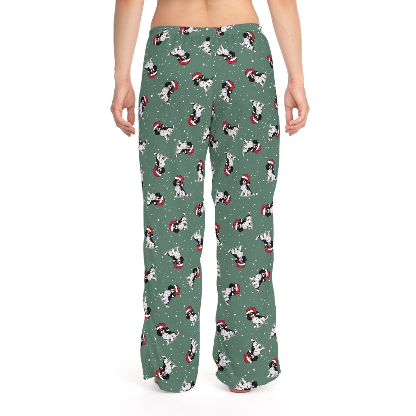 Christmas Cavalier King Charles Spaniel Dog Women's Pajama Pants, Holiday Xmas Dogs In Santa Hat Drawstring Pajamas, Winter Pajama Bottoms
