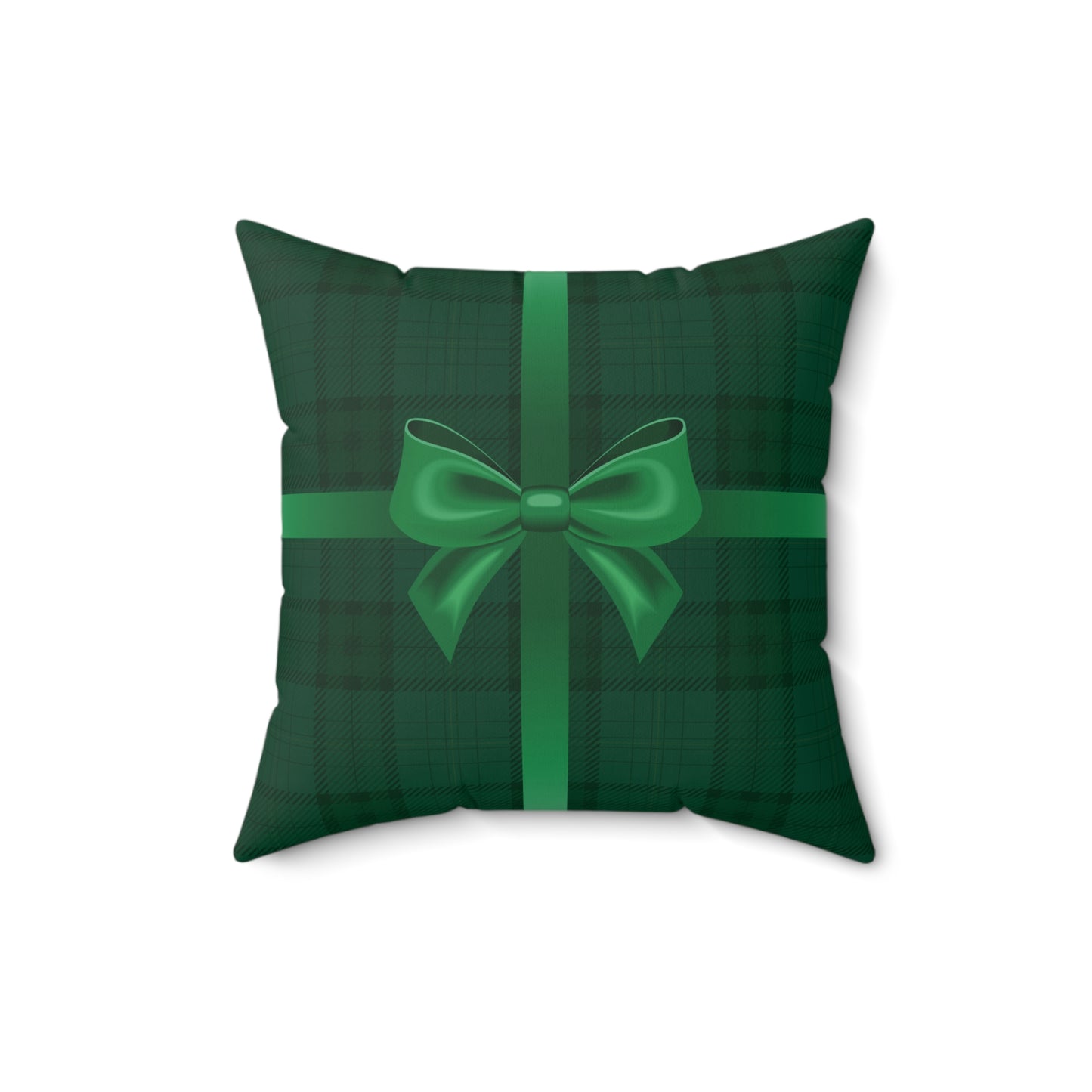 Holiday Gift Throw Pillow, Green Bow on Green Plaid Wrapped Present Pillows, Christmas Home Decor Xmas Decorations, Square Cushion and Cover