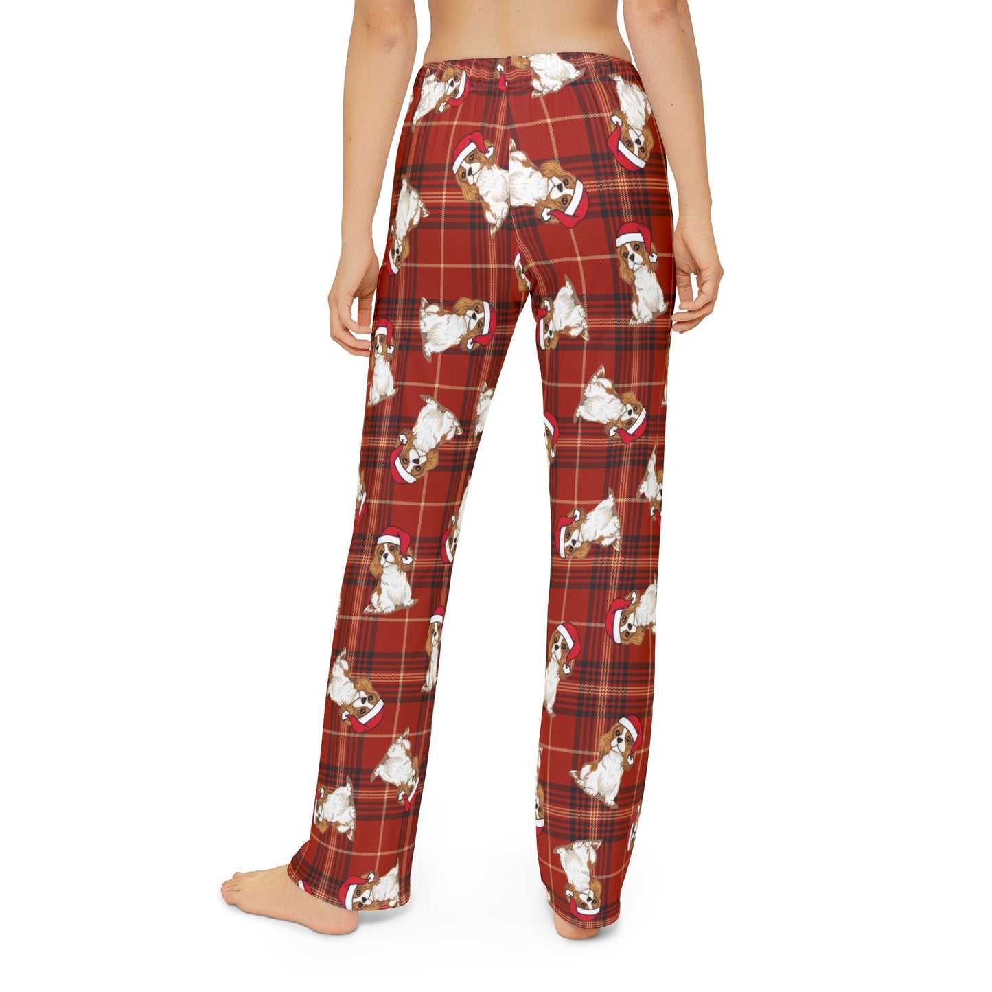 Kids Red Plaid Cavalier King Charles Spaniel Dog Christmas Pajama Pants, Santa Dogs PJ Bottoms, Kid's Holiday Sleepwear