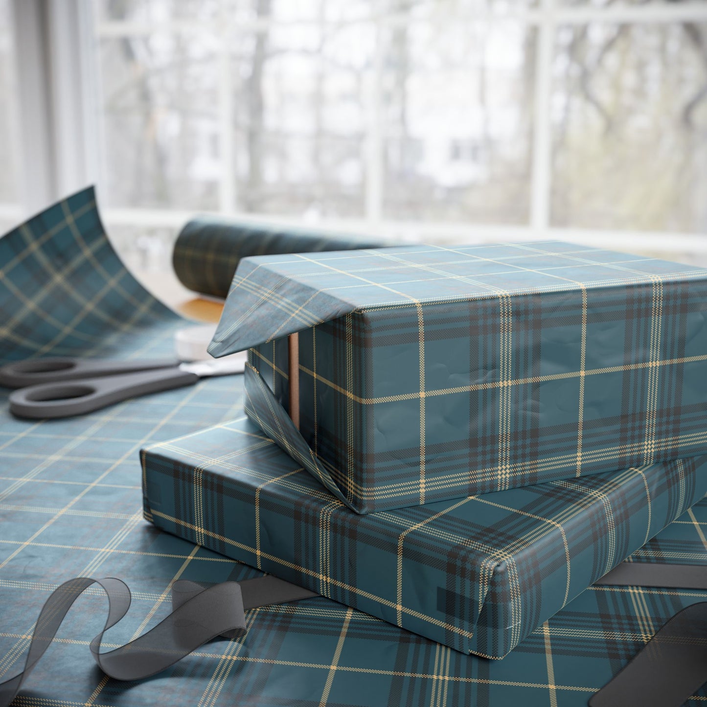 Teal Plaid Wrapping Paper, Blue Tartan Gift Wrap Roll, Chistmas Holidays Xmas Birthday, 30"×180" Matte Finish