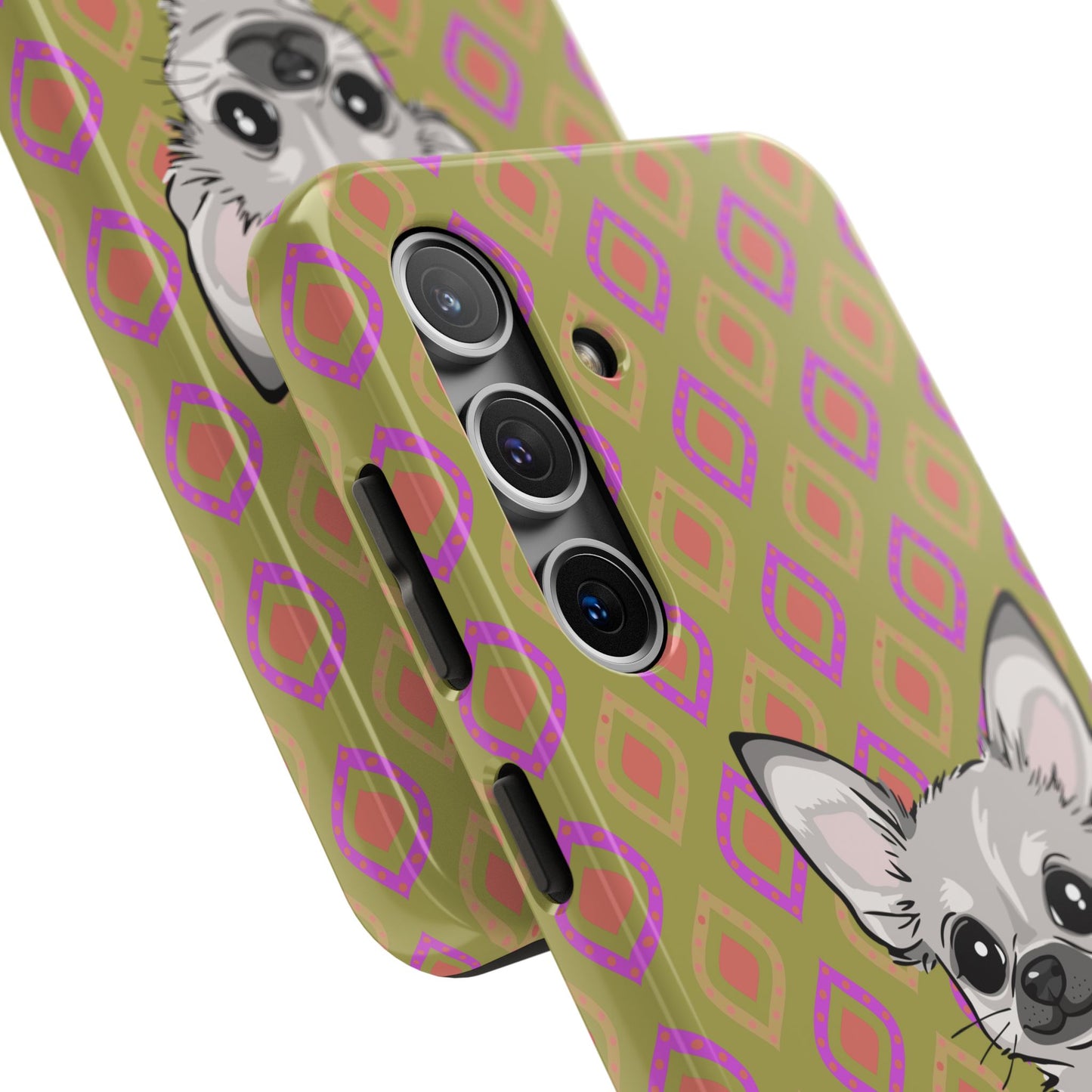 White Chihuahua Puppy Dog Phone Case, Tough Phone Cases Pet Dogs Retro Green  Pattern