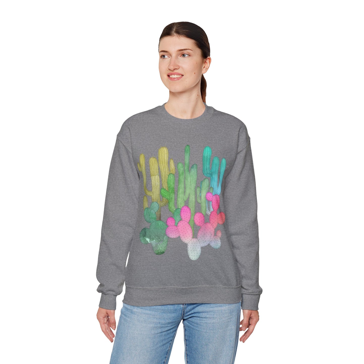 Cactus Garden Arizona Desert Crewneck Pullover Sweatshirt Colorful Saguaro Cactus Print