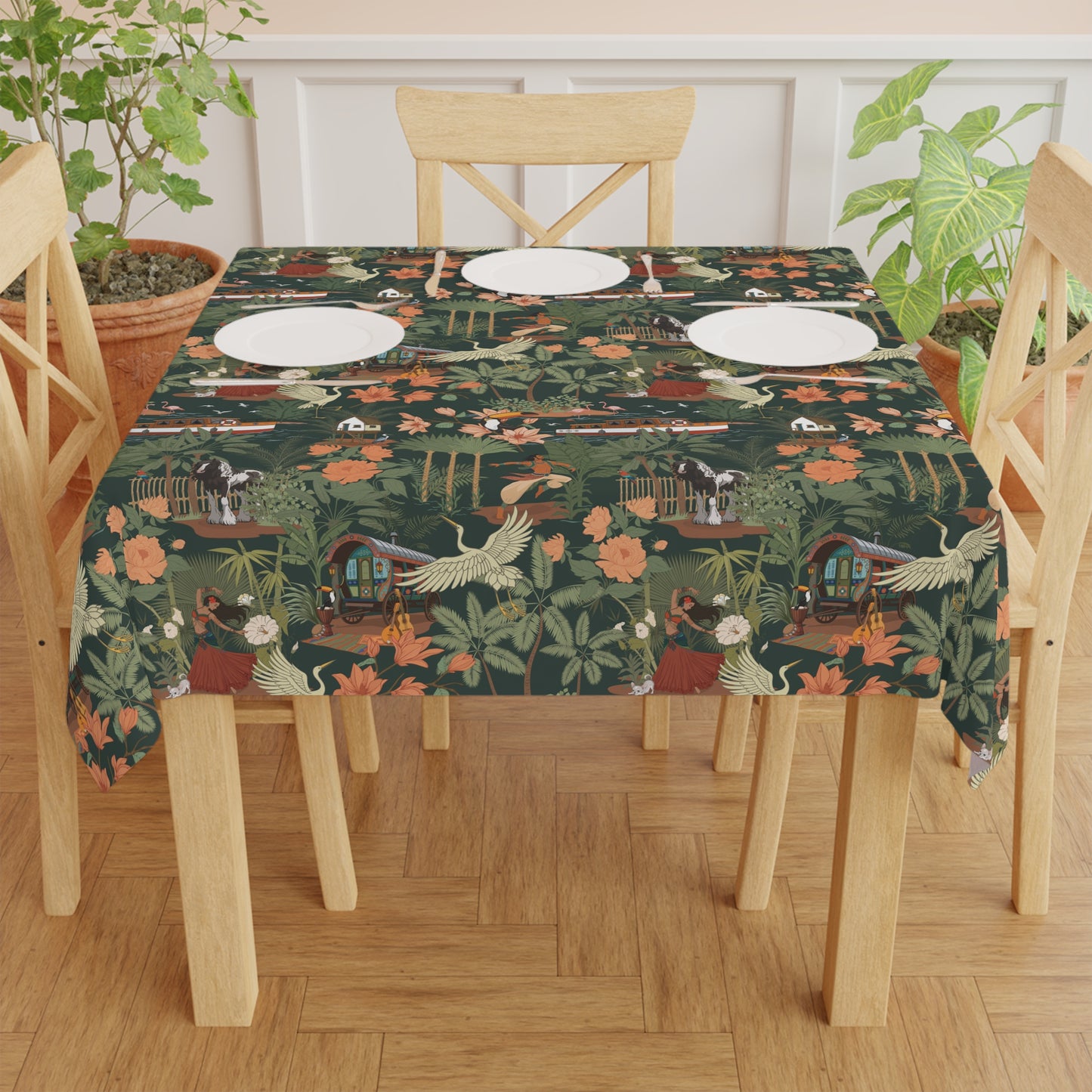 Tropical Nomad Jungle birds Tablecloth | Green Floral Palm Leaves Pattern Table Cloth Beach Summer Party Decor