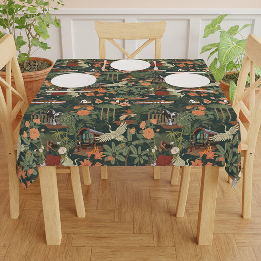Tropical Nomad Jungle birds Tablecloth | Green Floral Palm Leaves Pattern Table Cloth Beach Summer Party Decor