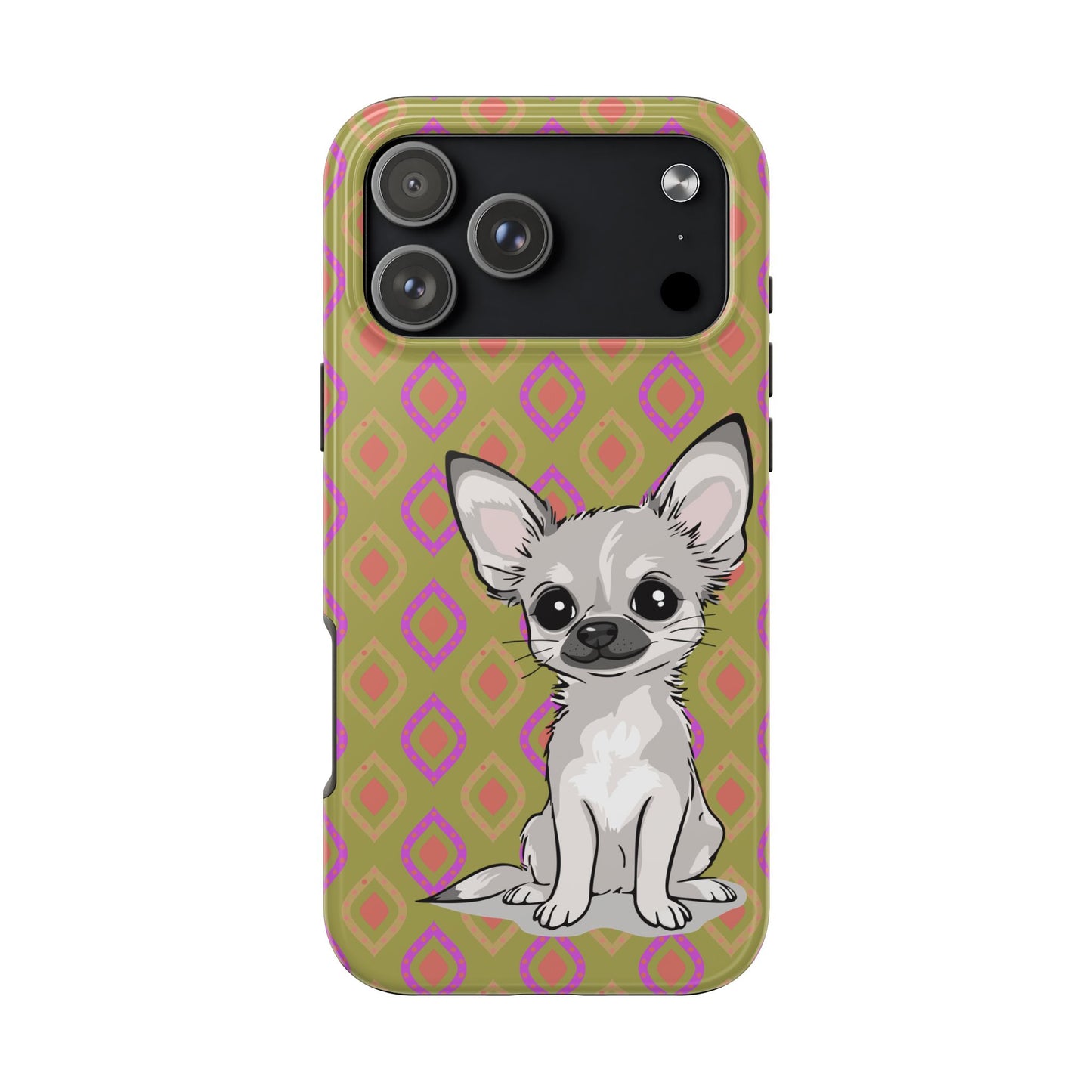 White Chihuahua Puppy Dog Phone Case, Tough Phone Cases Pet Dogs Retro Green  Pattern