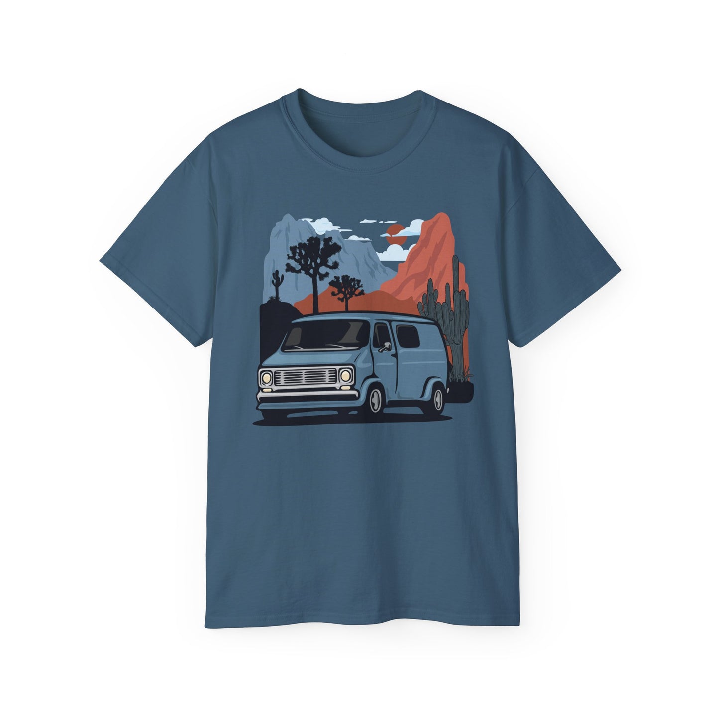 Arizona Desert Vanlife Camper Van Cotton T-shirt - Short Sleeve Tee Retro Van in Joshua Tree & Cactus Landscape