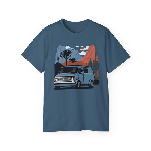 Arizona Desert Vanlife Camper Van Cotton T-shirt - Short Sleeve Tee Retro Van in Joshua Tree & Cactus Landscape