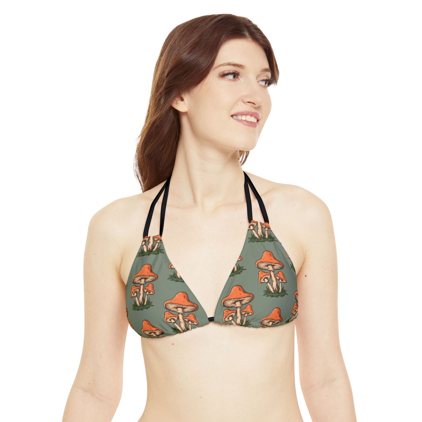 Retro Mushrooms Sage Green Strappy Bikini Set - 2 Piece Bikini Swimsuit Top & Bottom with Mushroom Print