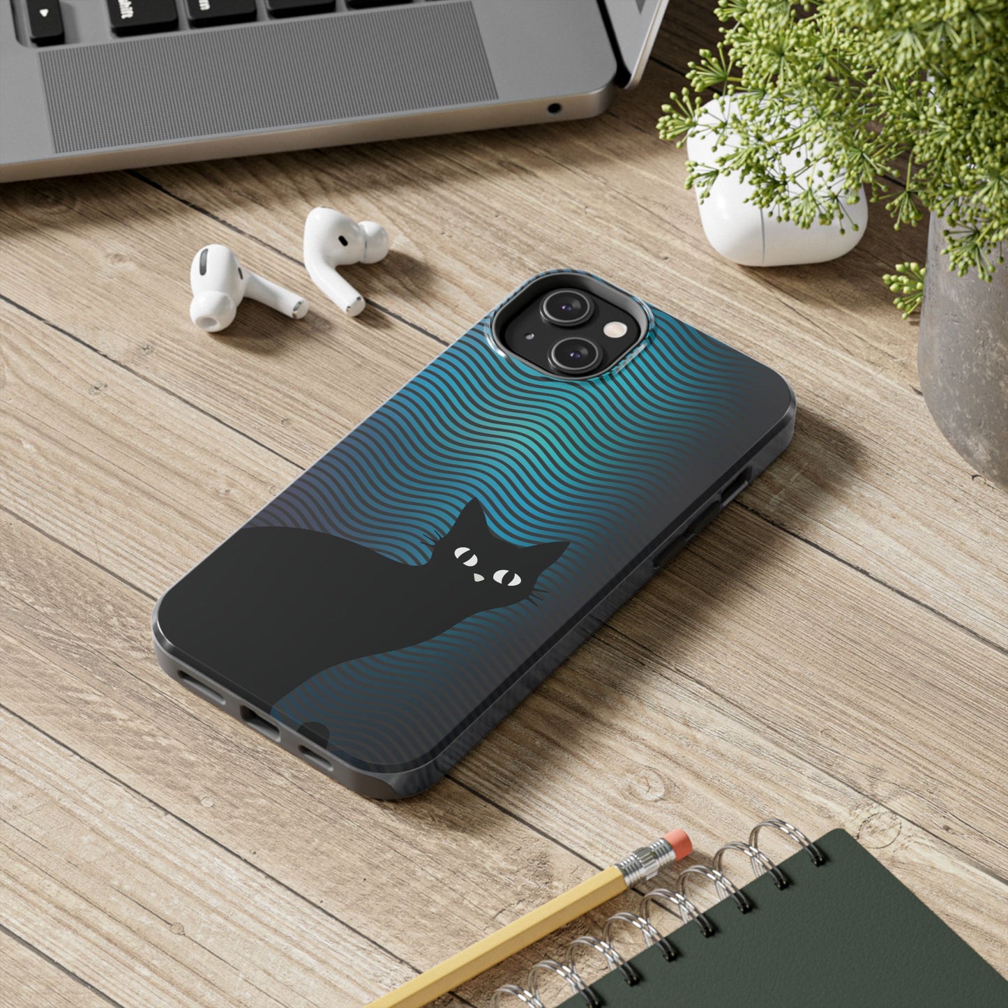 Black Cat Cell Phone Case | Peeking Kitty Graphic on Wavy Teal Background