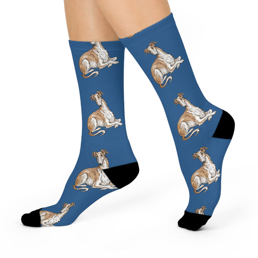 Borzoi Dogs Pattern Cushioned Crew Socks, Blue Russian Hunting Sighthound Dog Print, Novelty Footwear Pet Owners