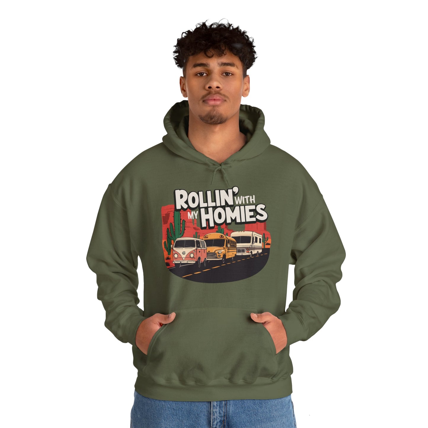 Rollin' With My Homies Hoodie Van Skoolie RV Vanlife Caravan in the Desert Black Long Sleeve Pullover Hoodies Hooded Sweatshirt